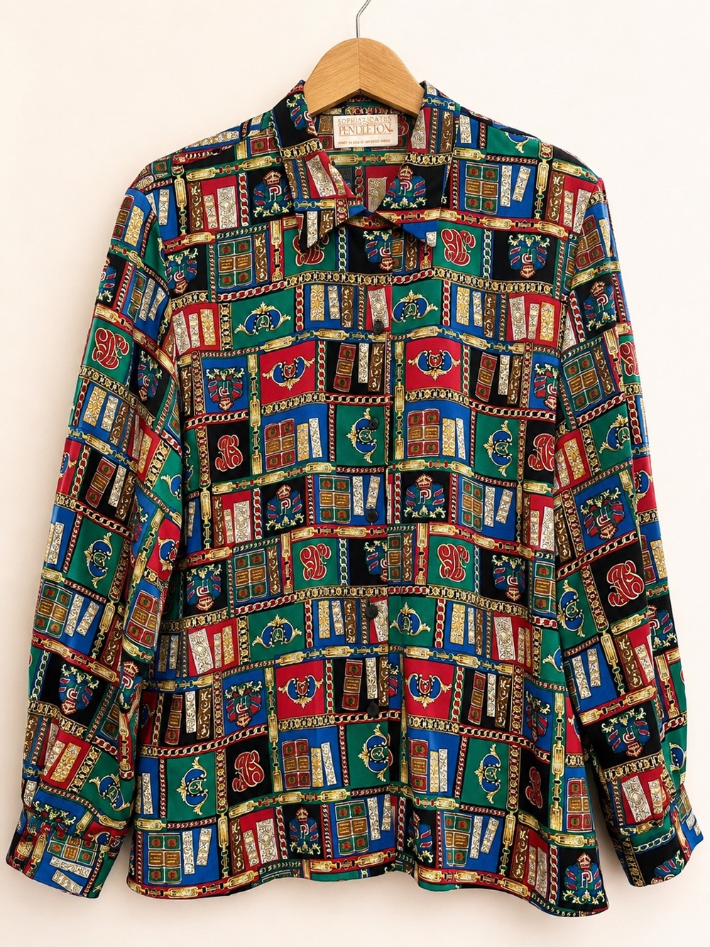 Vintage Pendleton Womens 14 Novelty Book Print Blouse Silky Button Front USA